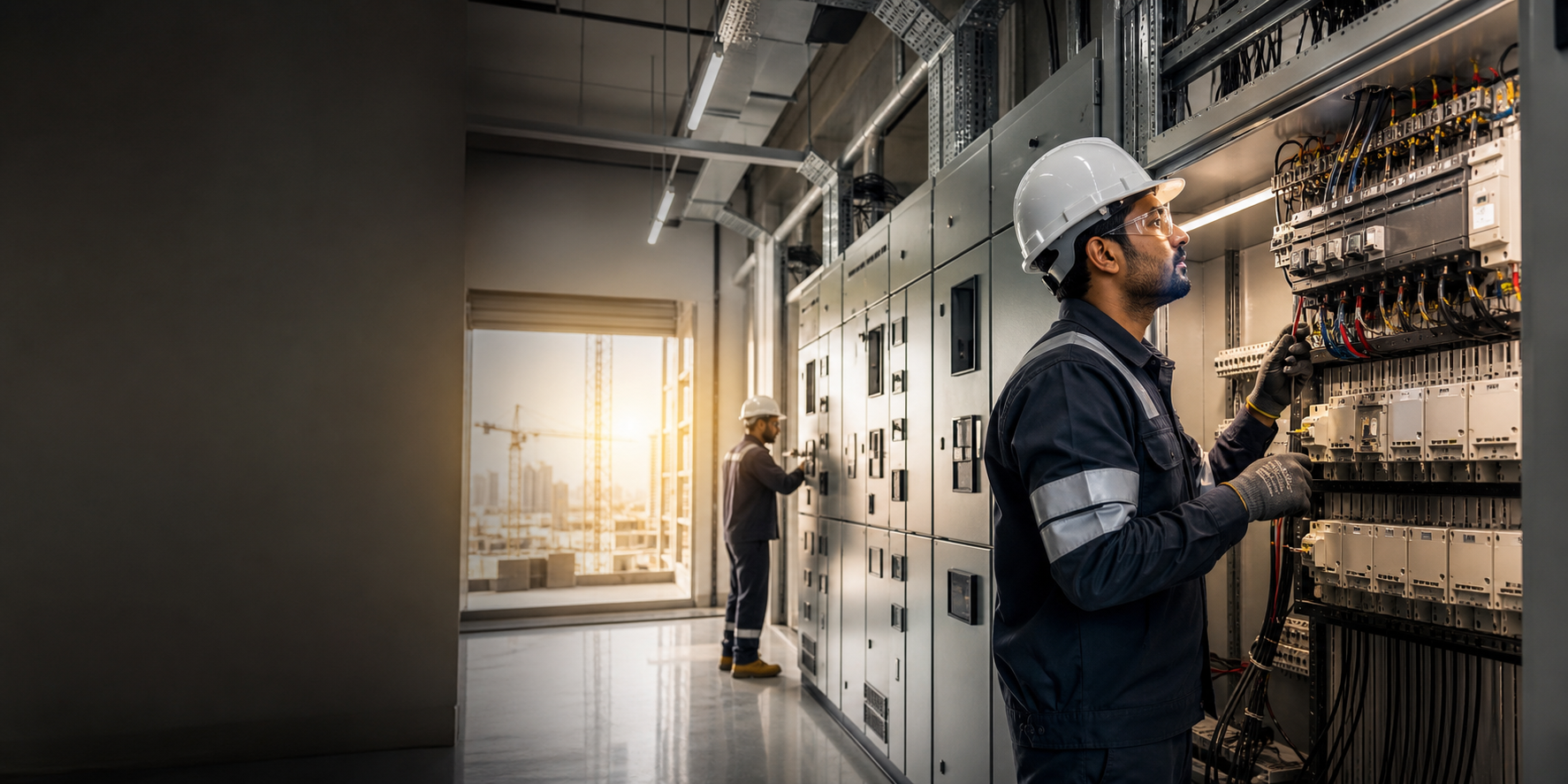 Electrical contracting technicians inspecting switchgear